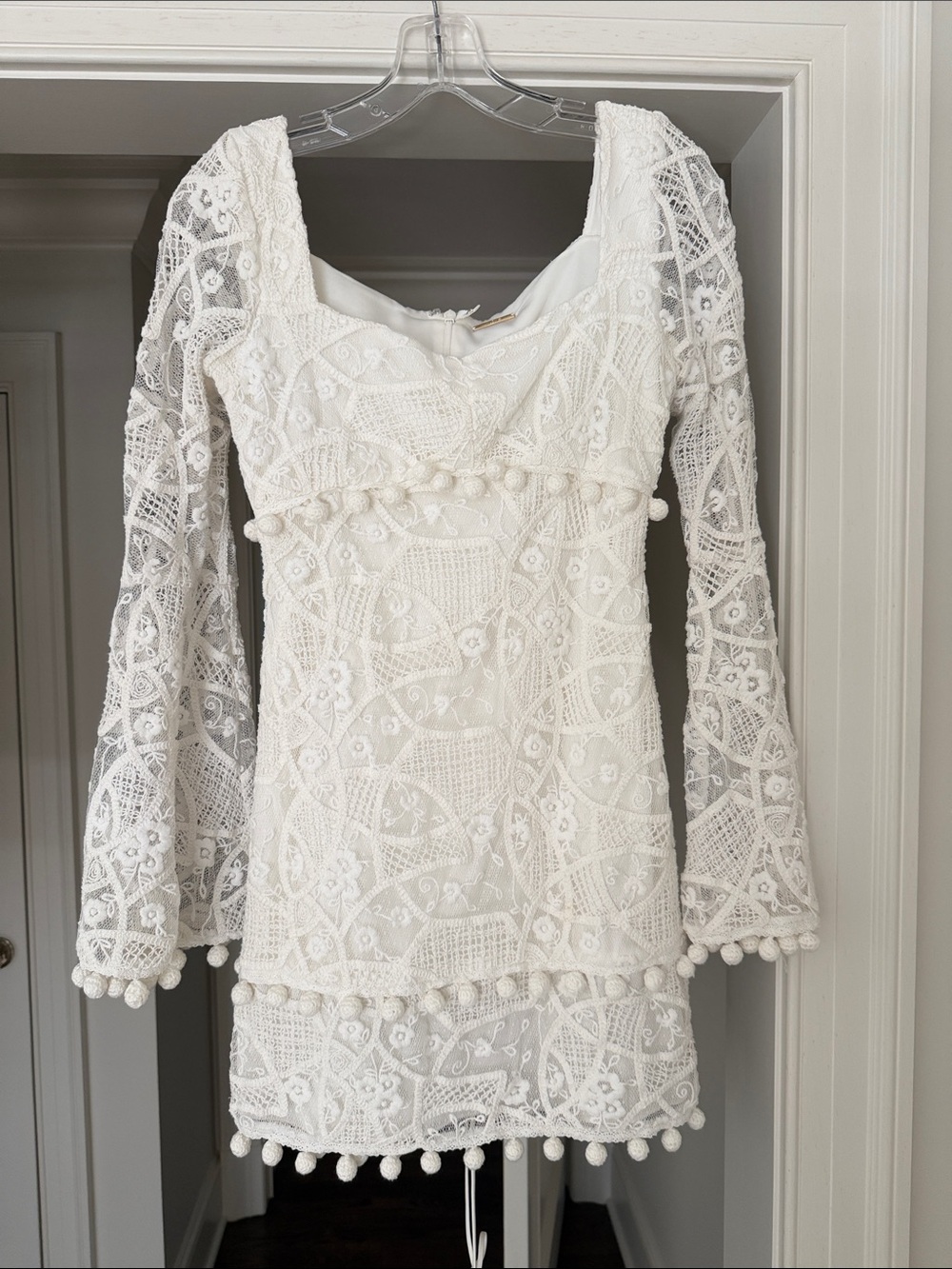 Alexis white Lace Long-Sleeve Mini Dress with Pom Trim